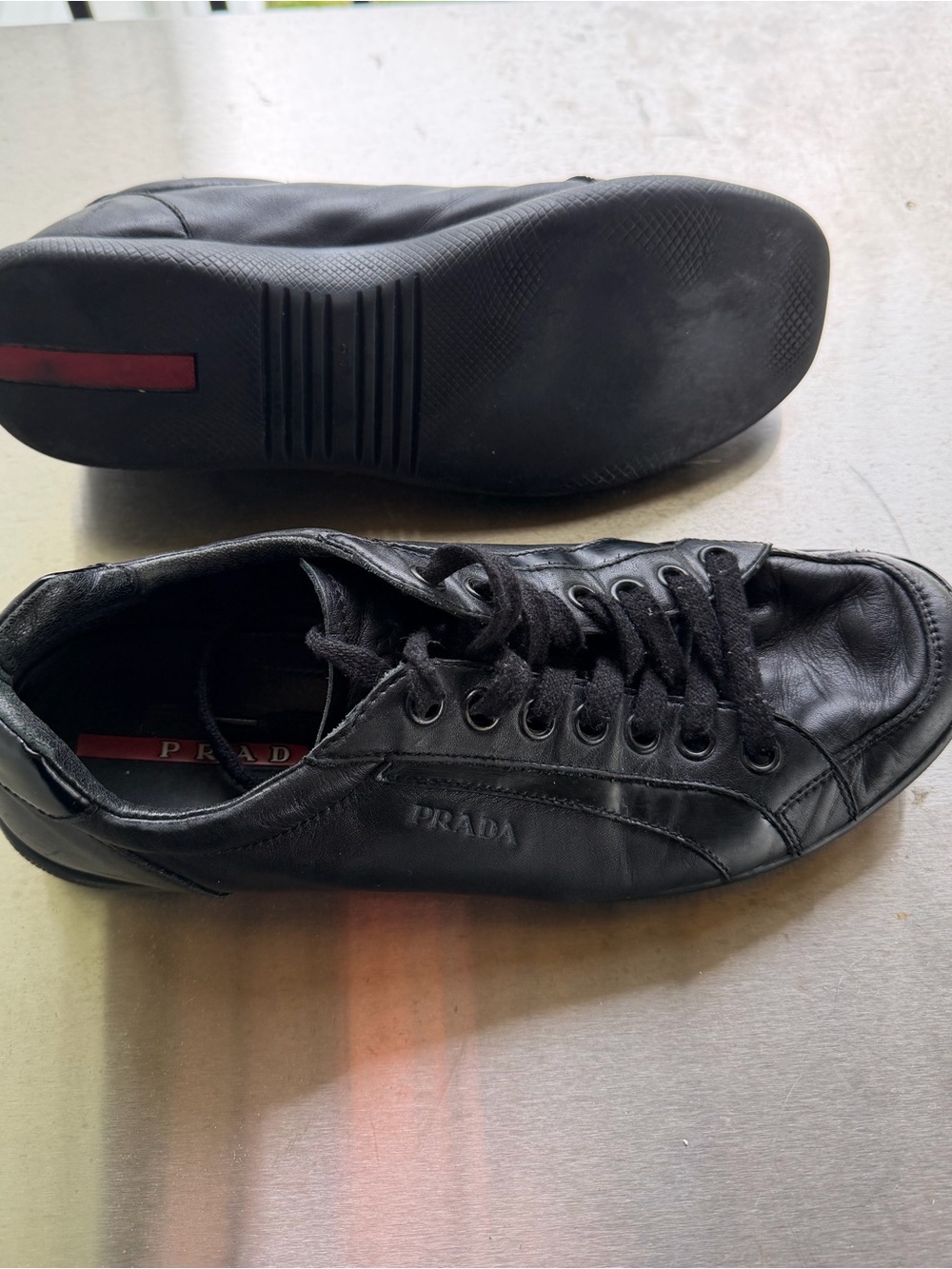 Prada Black Men’s Leather Low-Top Lace-Up Sneakers shoes - Picture 2 of 3